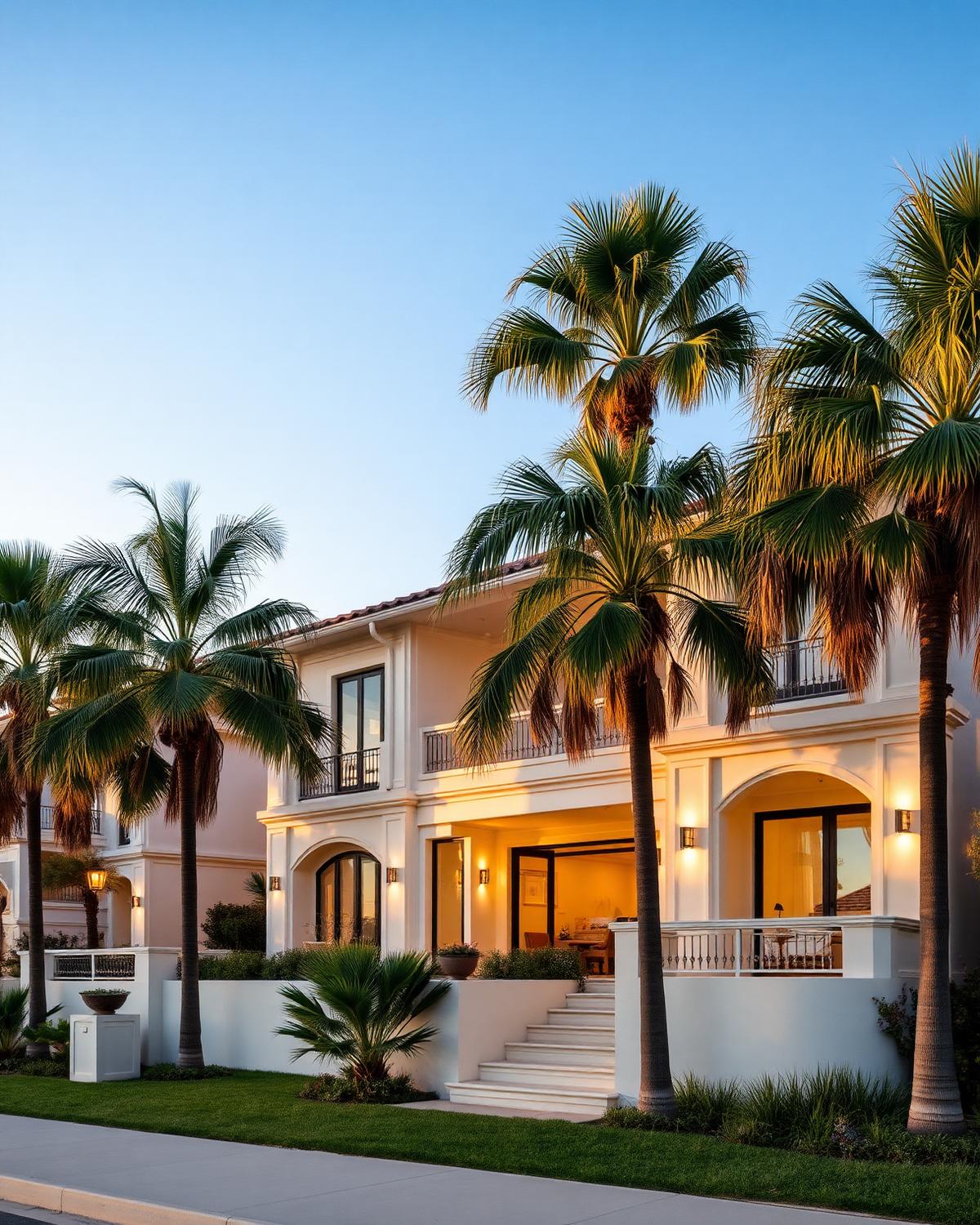 Coastal California residence framed by palm trees at dusk